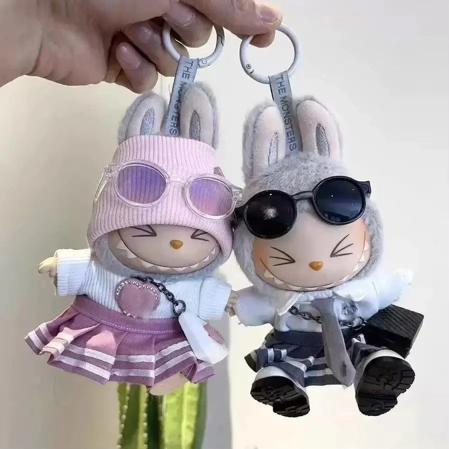 Mini Doll Clothes Outfit Accessories For 15-17cm Labubu V1 V2 V3 Labubu Uniform Set Outfit Skirt and Sweater Sunglasses Clothing