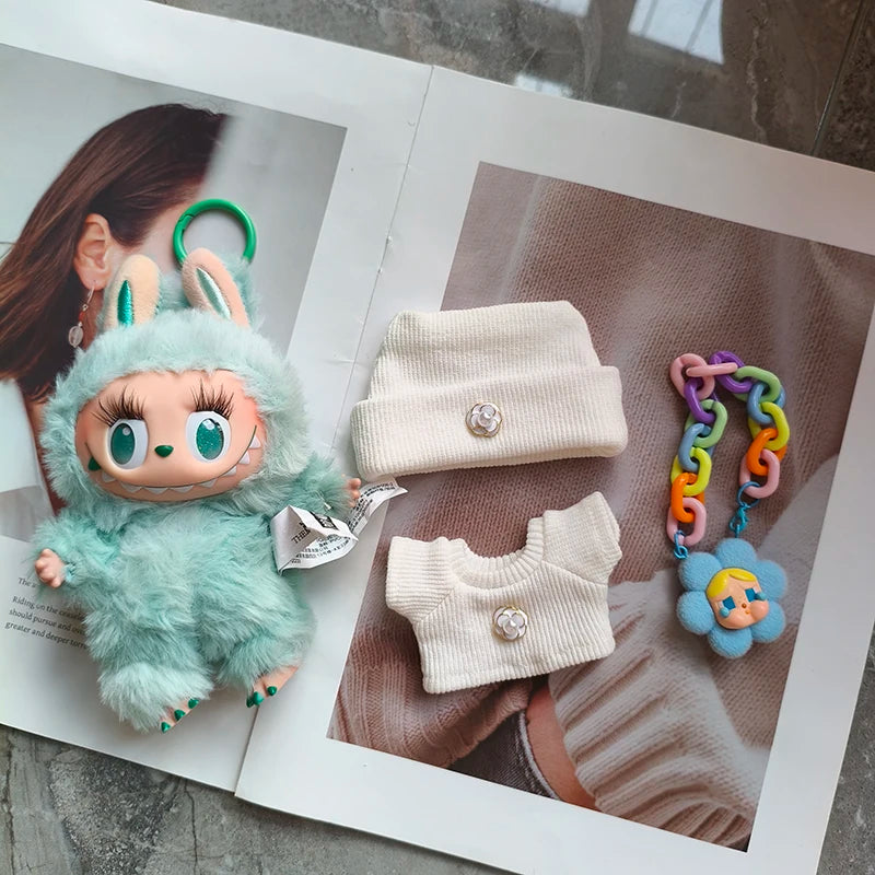 Labubu 17cm Knitted Set - Cute Crossbody Bag And Customized Leather Shoes with False Eyelashes Fashion Doll Accessories for Kids