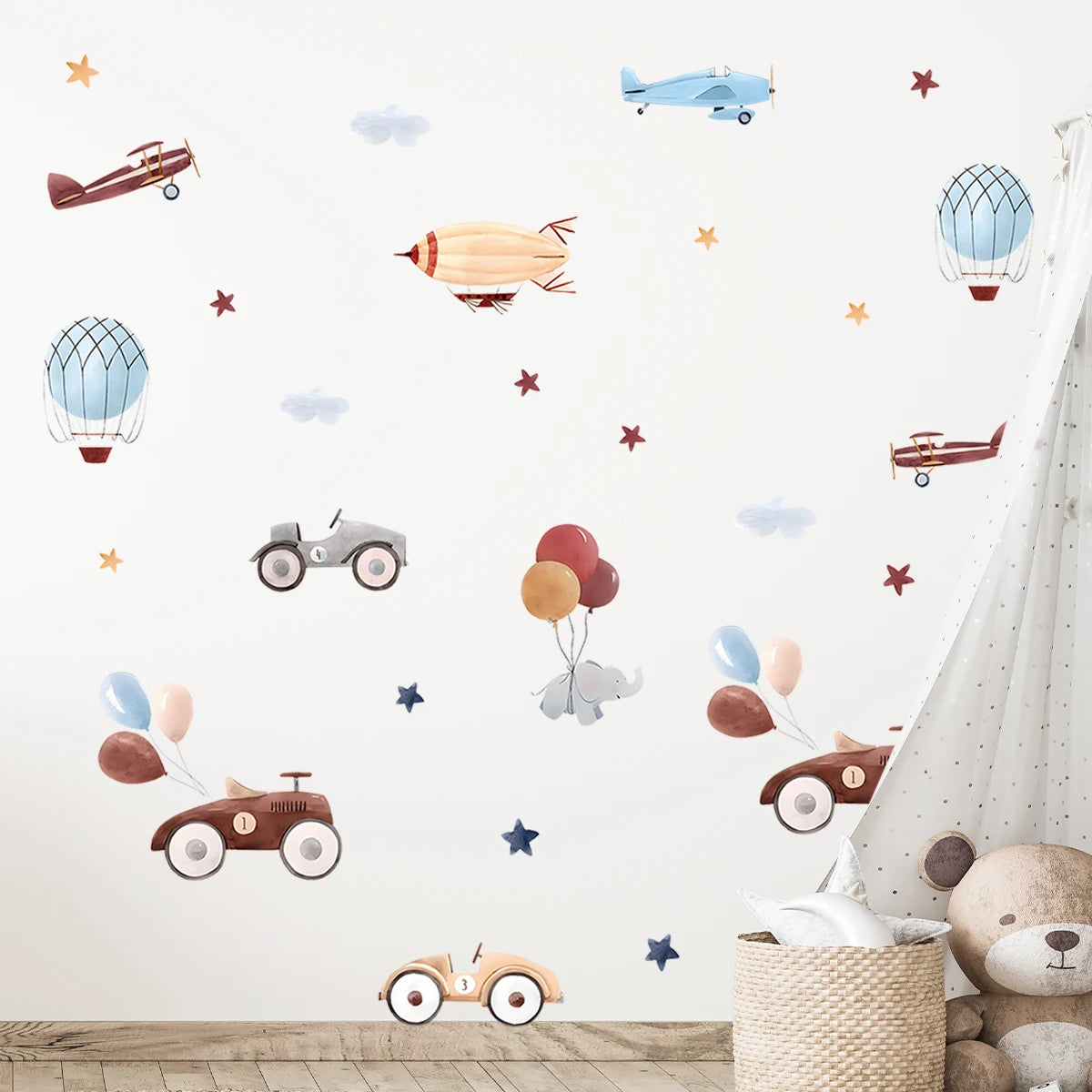 Cartoon Cute Airplane Car Elephant Balloon Wall Stickers Removable for Bedroom Living Room Nursery Decoration Wall Decals
