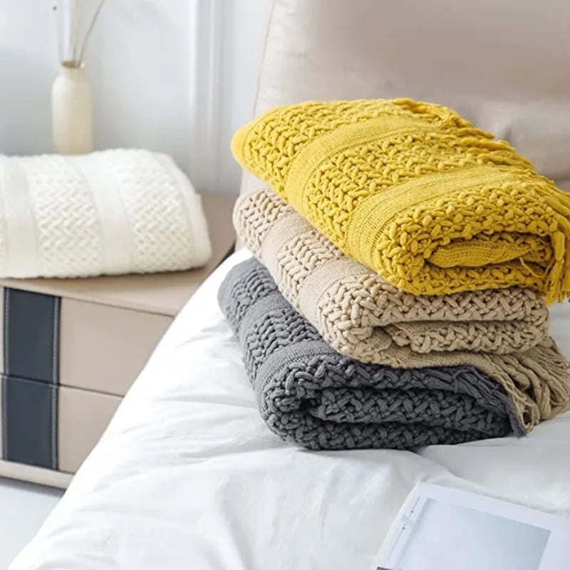 Cream White Textured Knitted Throw Blankets With Tassels Vintage Lightweight Farmhouse Gift Blankets 50x60inch Gift Blankets