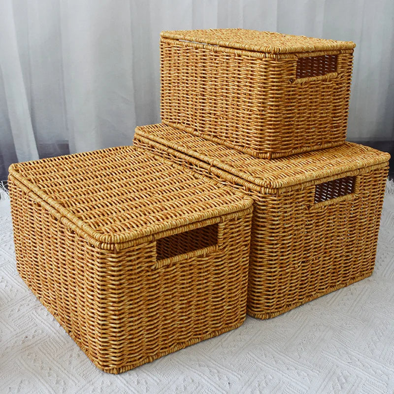 Closet Storage Basket Rattan Woven Organizer Box for Clothes Storage Bin with Lid Home Wardrobe Bedroom Shelf Use