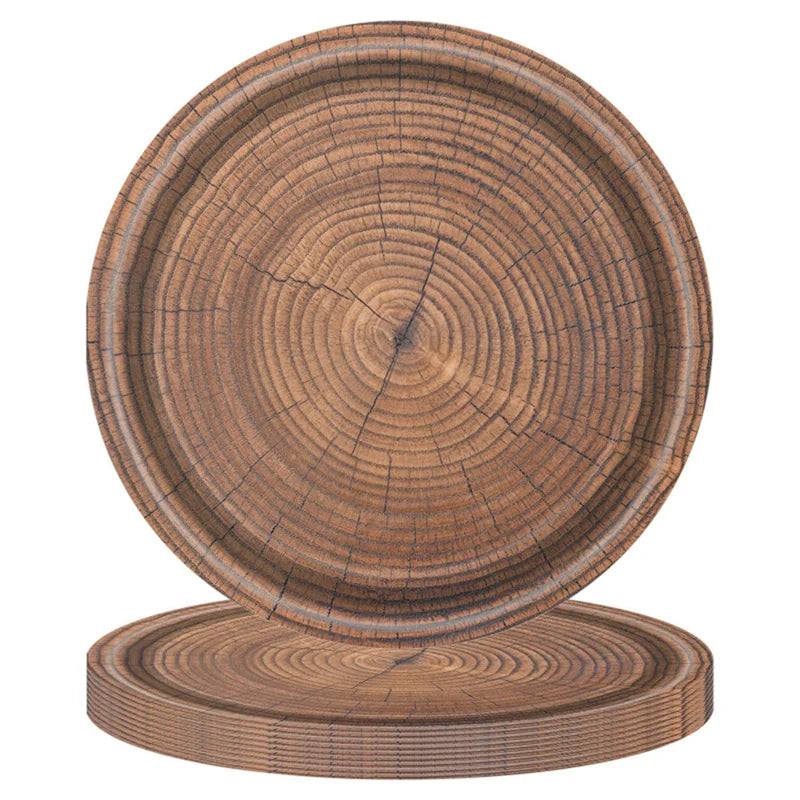 10Pcs 7/9-inch Retro Imitation Wood Grain Disposable Plate Paper Tray Birthday Party Holiday Decoration Household Tableware