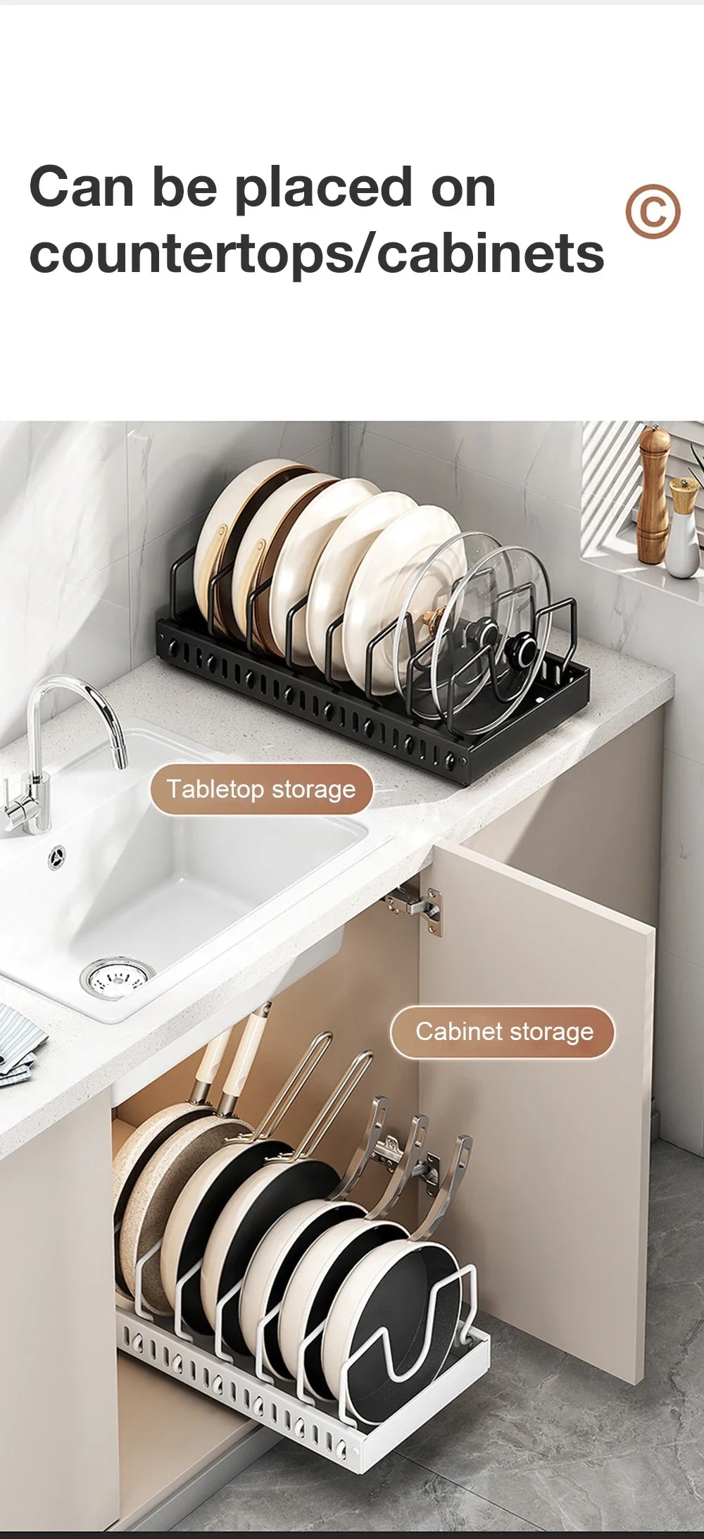 Kitchen Pots and Pans Organizer Under Cabinet Sliding Drawer Pot Lid Organizer Pull Out Cabinet Storage Tray with 8 Dividers