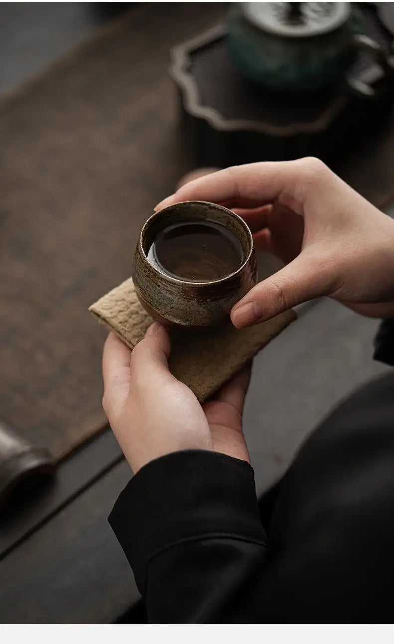 Japanese Handmade Rough Pottery Tea Cup Ceramic Kung Fu Tea Set Single Cup Antique Style Quiet Path Antique Craftsmanship Gift
