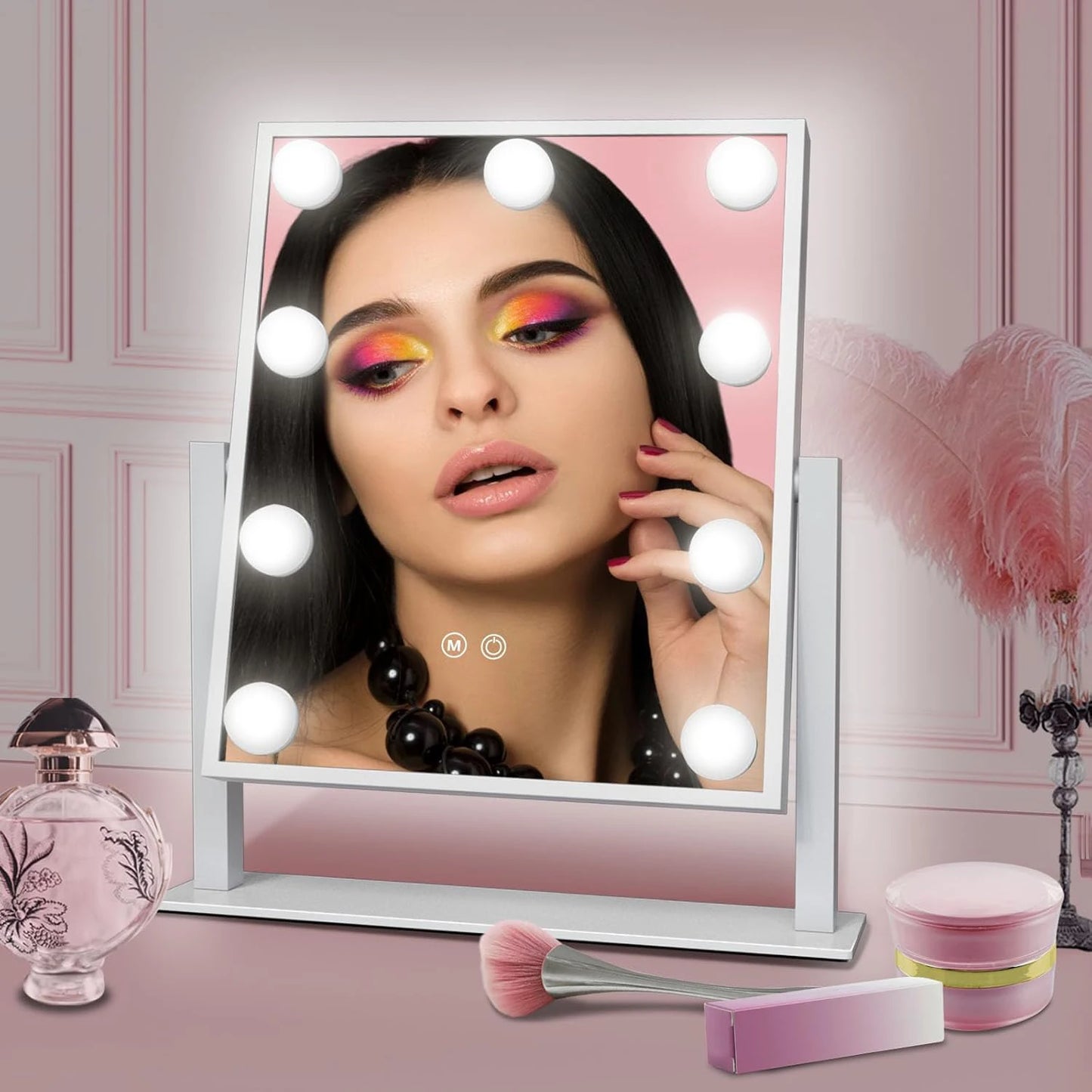 Vanity Makeup Mirror with Lights - 9/12 LED Bulbs, Touch Control, 3 Colors Light, 360° Rotation, Light Up Vanity Mirror