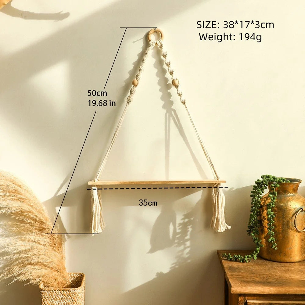 Wooden Macrame Wall Hanging Shelves - Boho Floating Shelves Macrame Plant Shelf Rustic Wall Decor for Bedroom Living Room Office