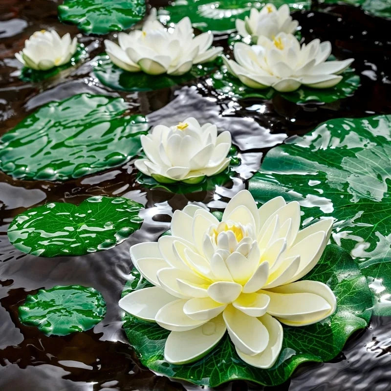 3 flowers and 3 leaves Artificial Lotus, Realistic Water Floating Foam Lotuses, Fake Lily Pad, Home Garden Patio Pond, Home Dec