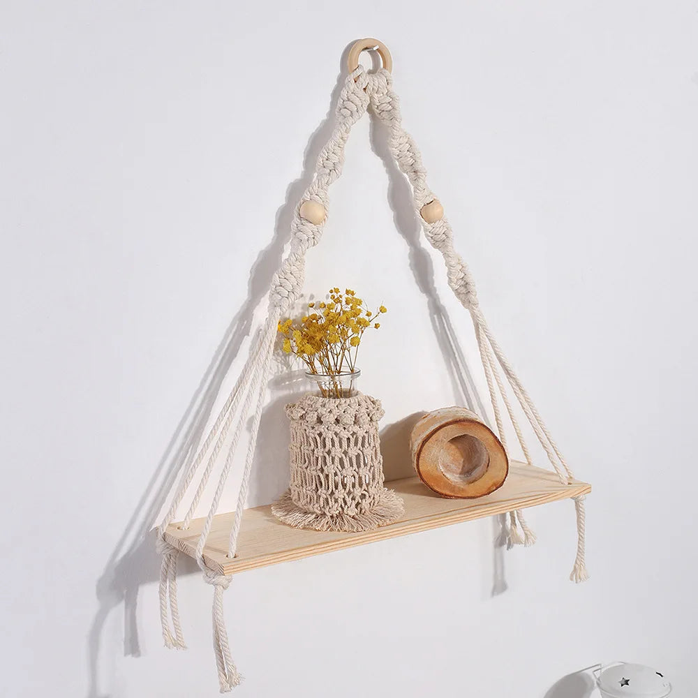 Wooden Macrame Wall Hanging Shelves - Boho Floating Shelves Macrame Plant Shelf Rustic Wall Decor for Bedroom Living Room Office