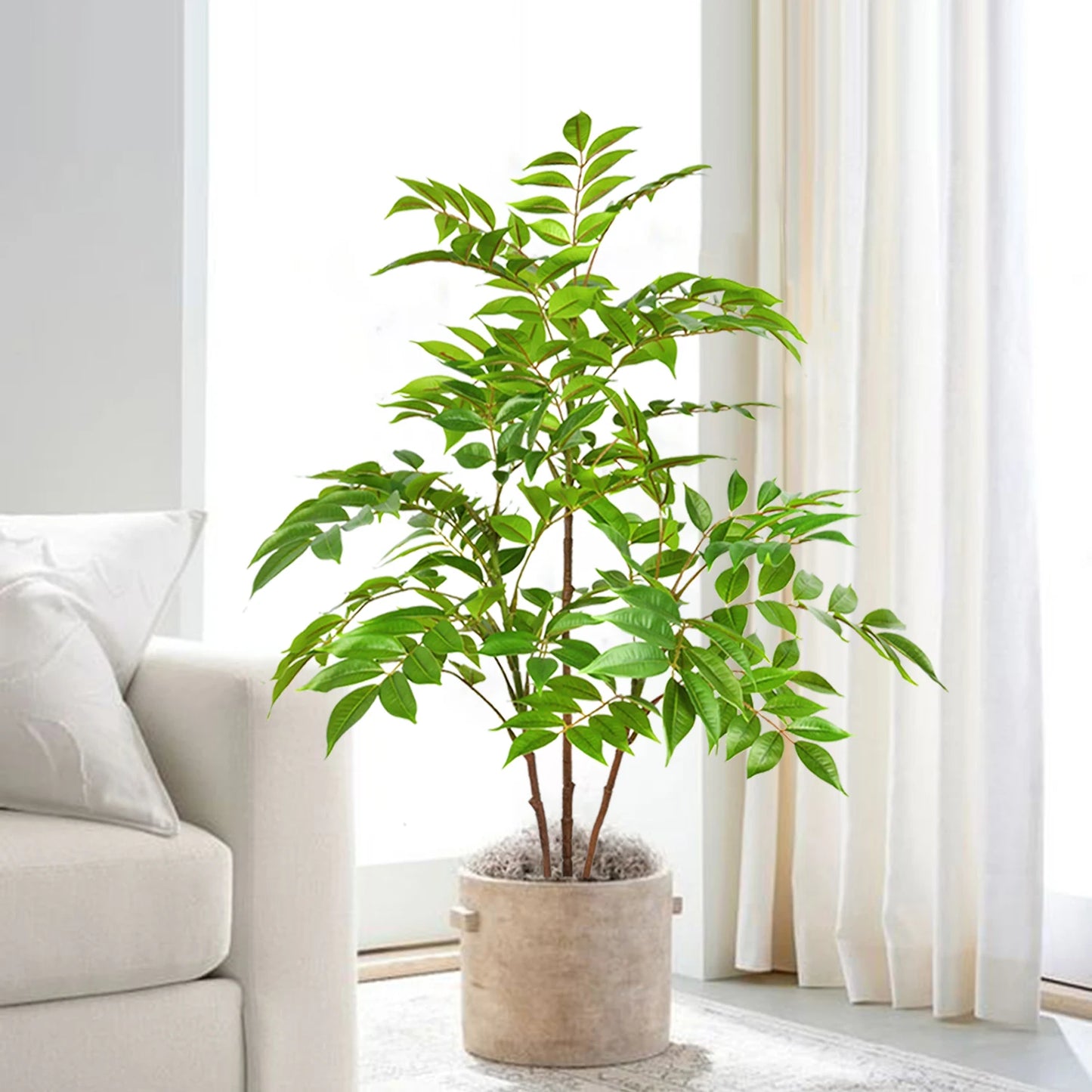 76-140（49.2in）Artificial Ficus Tree Branch Fake Lacquer Tree Plastic Banyan Plants Green Tall Palm Leaves For Home Garden Decor