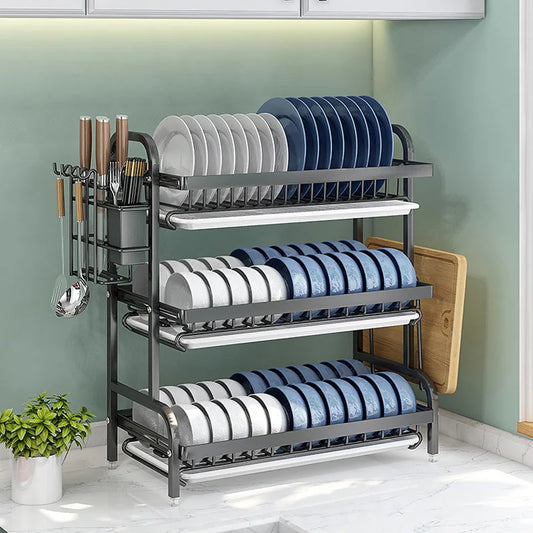 【Multi-Functional Kitchen Storage Rack】Dish Plate Organizer with Drainage Rack Countertop Utensil Holder for Chopsticks &