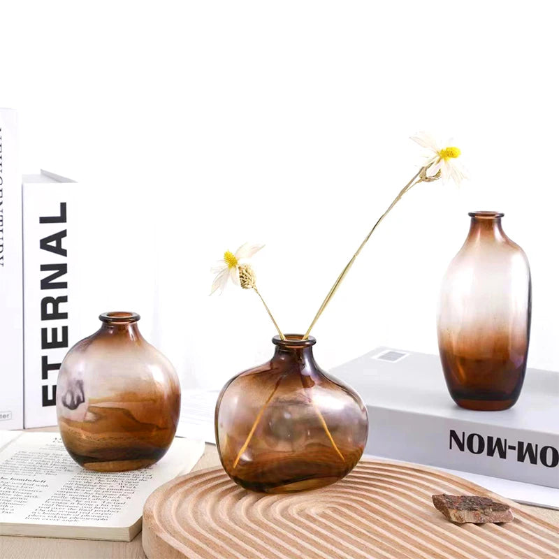 Brown Retro Glass Vase Plant Flowers Bottle Flower Arrangement Hydroponic Terrarium Desktop Vase Creative Home Decor Flower Pot