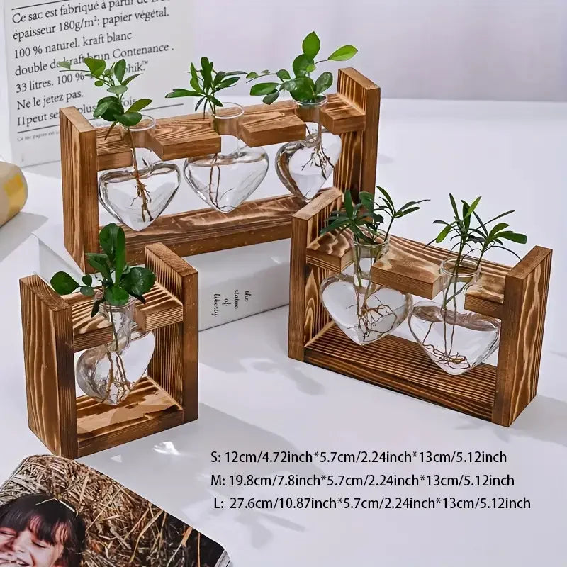 Heart Hydroponic Plant Vases Glass Vase Wooden Frame Terrarium Vase Hydroponics Plants Home Table Decoratio Office DIY Accessory