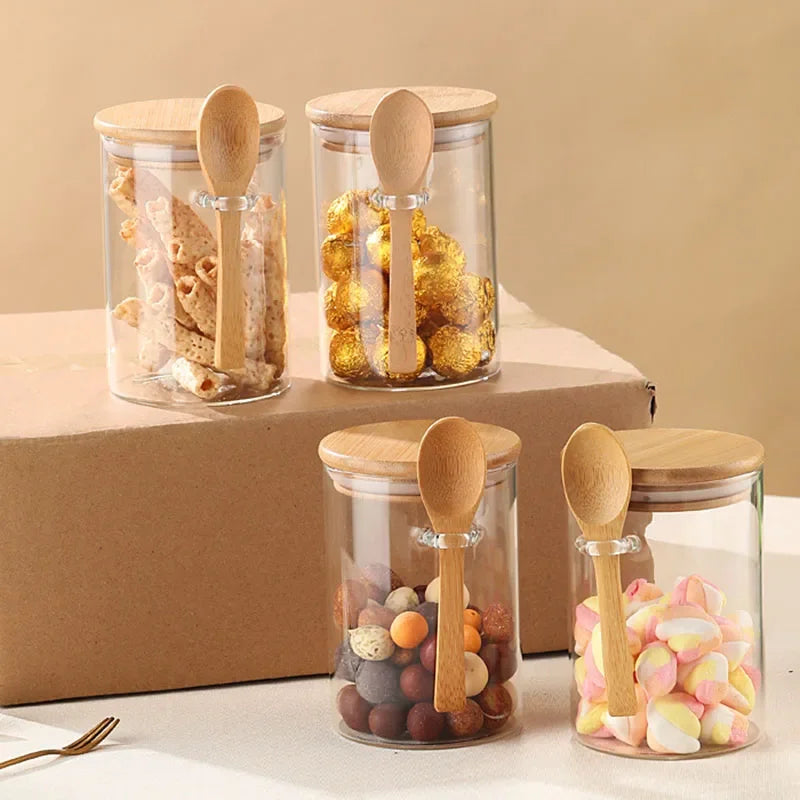 Bamboo Lid with Spoon Sealed Jar Household Glass Storage Jar Tea Jar Coffee Bean Storage Jar Seasoning Jar Milk Powder Jar