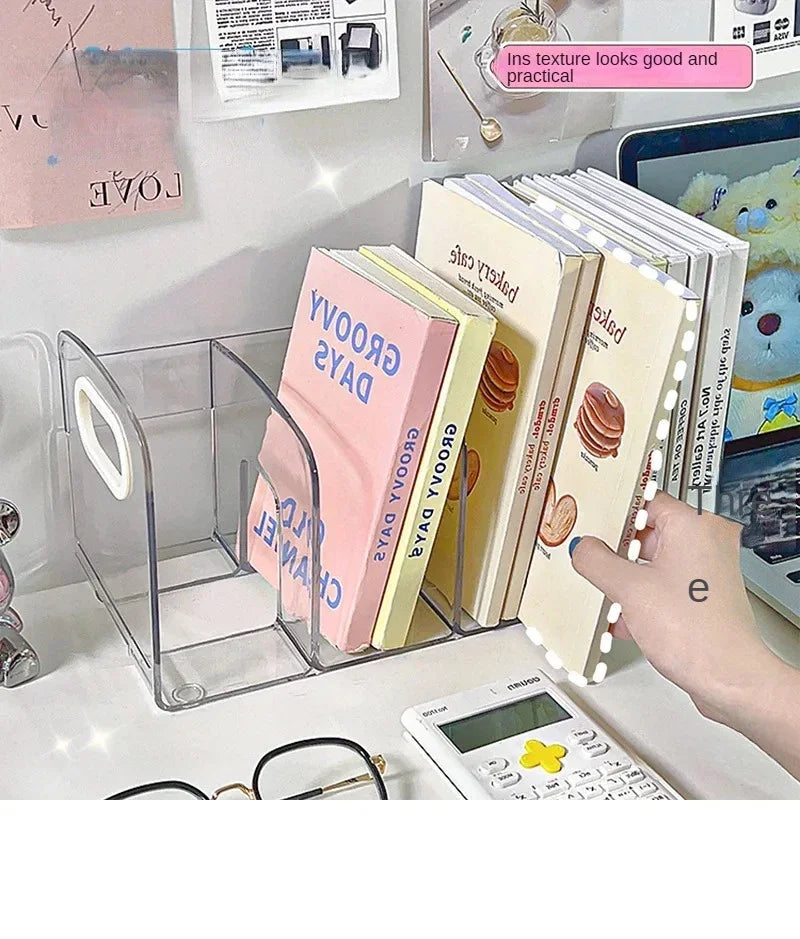 Convenient Clear Acrylic Bookends with Handle Desk Organizer Divided Book Stand Desktop Sorting Rack Study Supplies