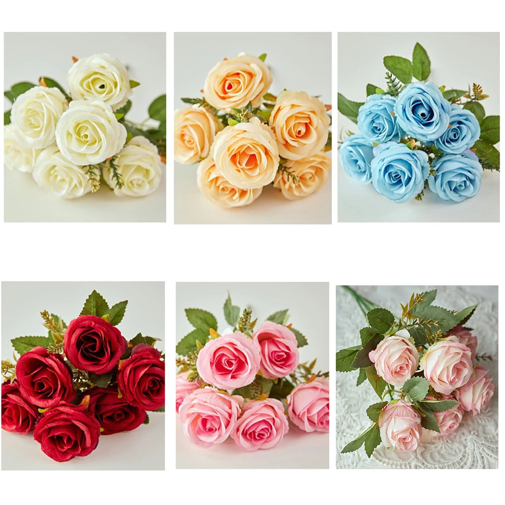 30cm Rose Pink Artificial Silk Flowers Bouquet for Cemetery 6-Heads Big Rose Peony Fake Flower for Wedding Home Table Decoration