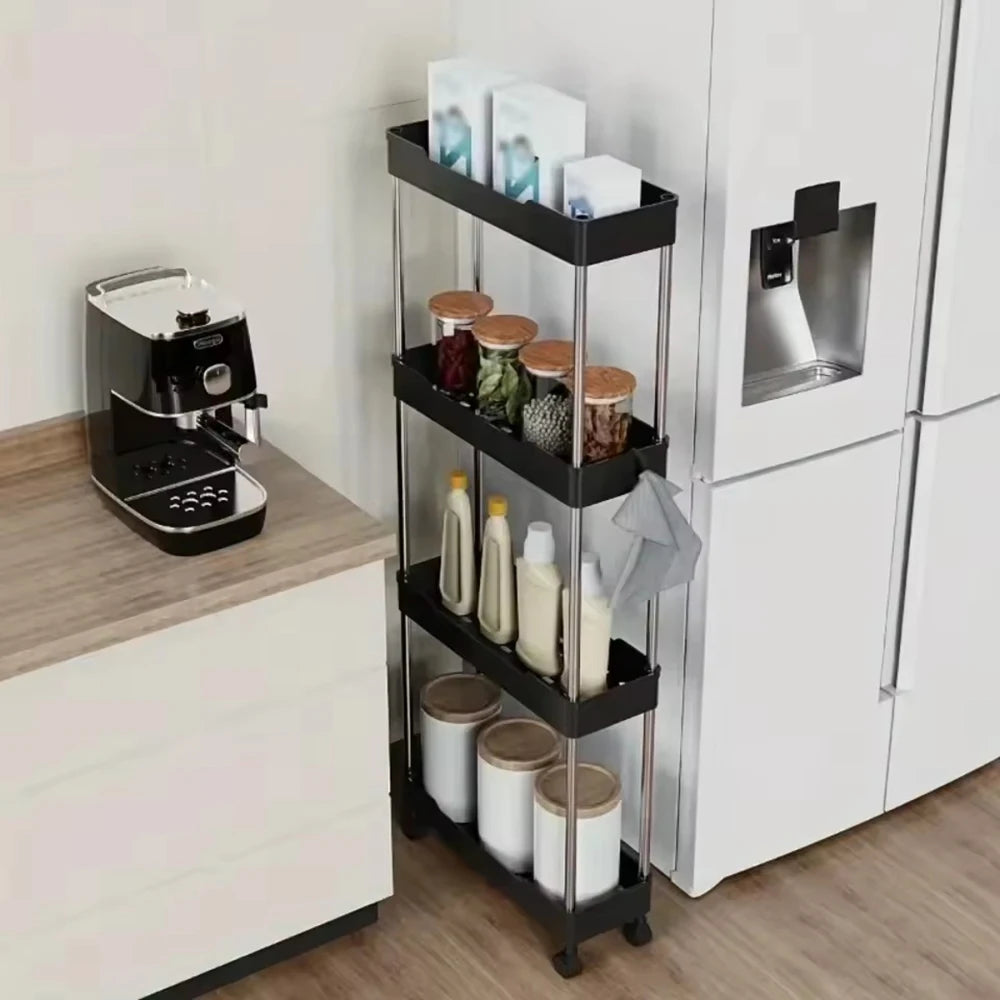 3-Layer / 4-Layer Narrow Side Trolley Storage Rack, Wheel, Floor Seam Storage Rack, Bathroom, Kitchen, Laundry, Storage Cart