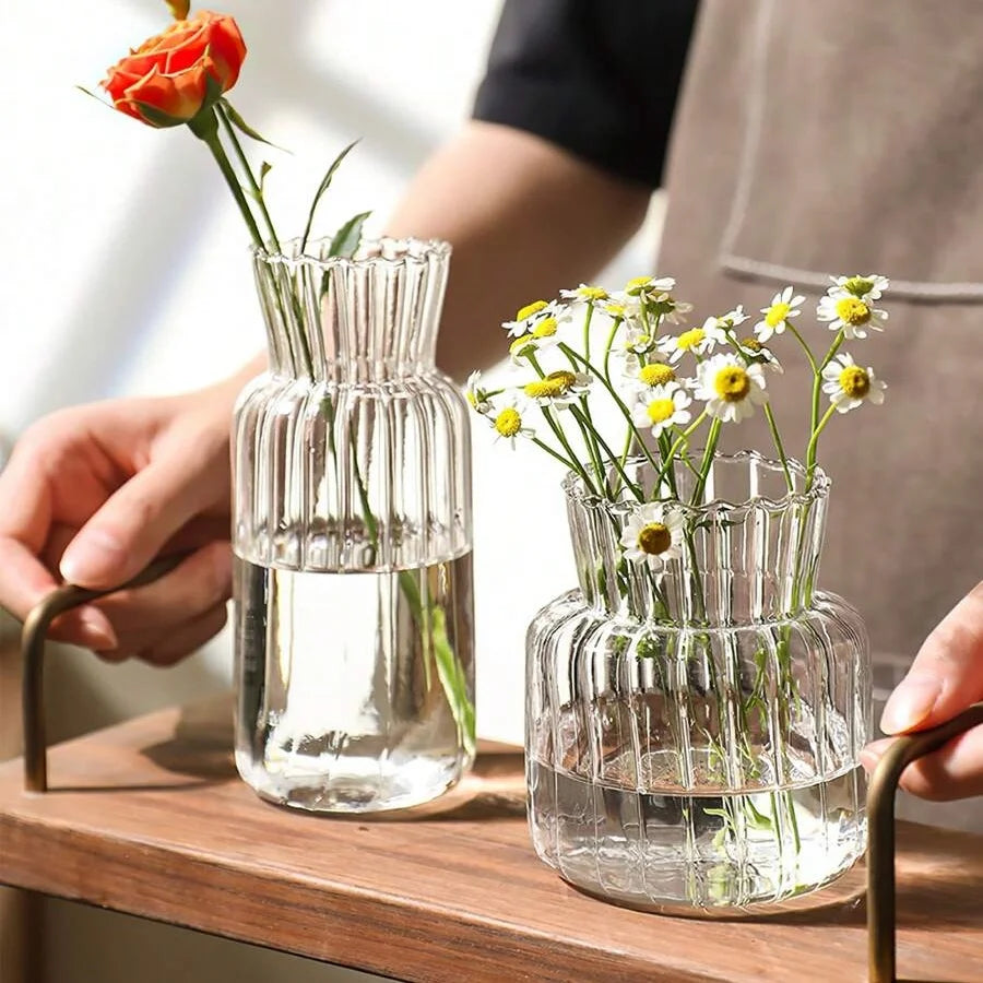 Transparent Glass Vases Hydroponic Plants Flower Arrangement Bottle Mini Retro Striped Vase Home Room Dinner Table Decor ﻿