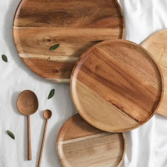 Wooden Dinner Plates Household Round Coffee Tray Trinket Dish Home Vintage Japanese Style Dessert Bread Trays Decorative Dishes