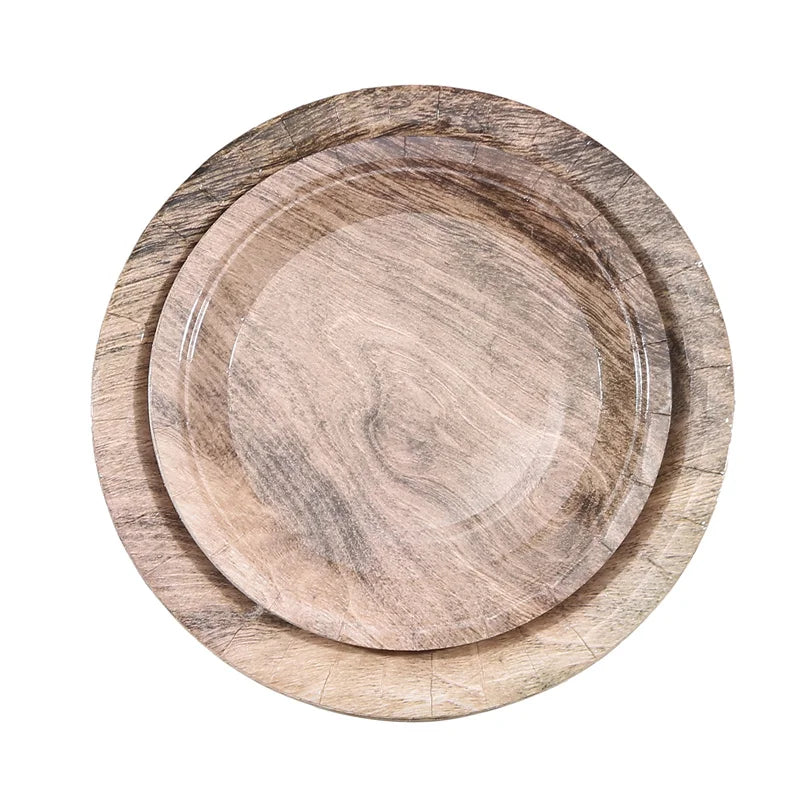 10Pcs 7/9-inch Retro Imitation Wood Grain Disposable Plate Paper Tray Birthday Party Holiday Decoration Household Tableware