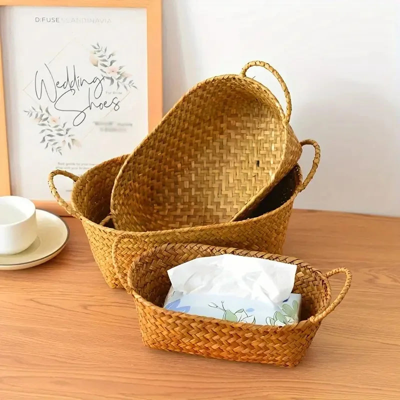Woven Storage Basket for Fruits And Snacks, Double-Handled Rattan Basket for Organizing Miscellaneous Items, Shelf Baskets