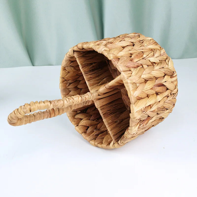 Rattan Wicker Storage Basket Hand Woven Flatware Organizer Round Storage Box Water Hyacinth Storage Basket Cutlery Holder