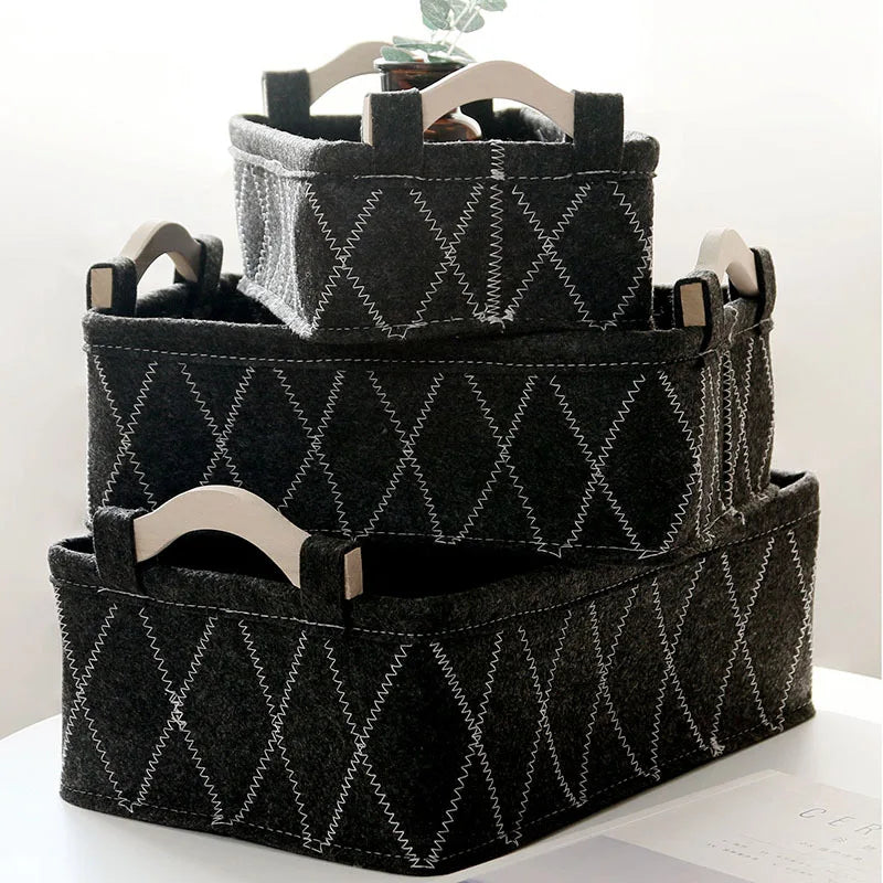 Felt Storage Basket Desk Organizer Toy Basket Storage Bins Makeup Organizer Basket Desktop Wooden Handle Storage Organizer Box