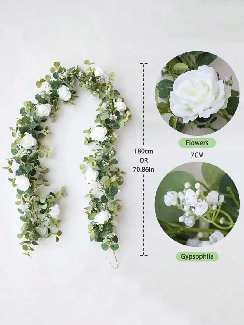 Artificial Flowers Silk Rose Gypsophila Garland Fake Eucalyptus Vine Hanging Plants for Wedding Home Party Craft Decor