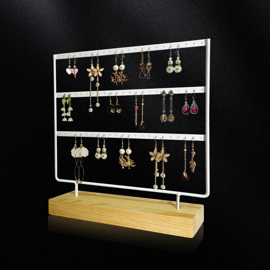 Solid Wood Base Metal Earrings Display Stand 3 Layers 69 Holes Jewelry Rack Earrings Studs Hanging Props Dresser Jewelry Storage