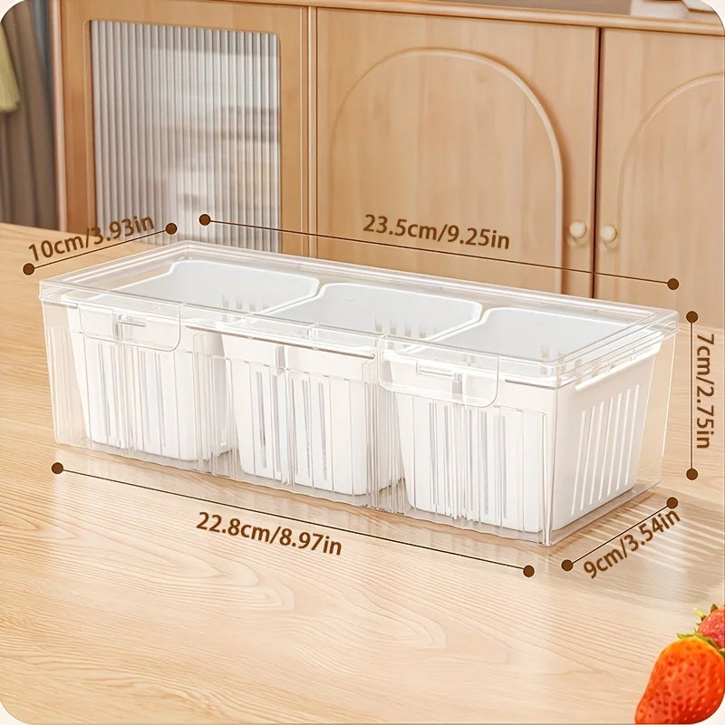 3 Compartment Food Storage Container With Lid Transparent Square Blue Drain Box For Fridge Salad Fruit Veg Condiments Reusable