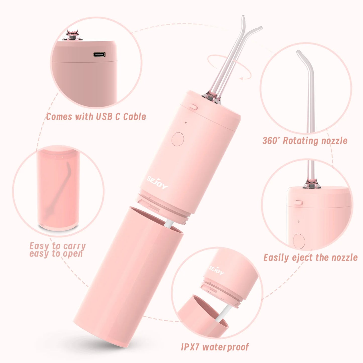 Sejoy Dental Oral Irrigator Portable Water Flosser Thread Teeth Pick Mouth Washing Machine 4 Nozzles 3 Modes USB Rechargeable