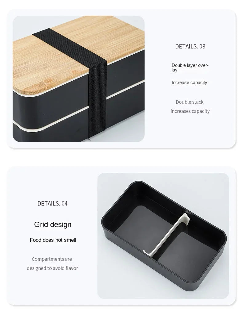 New Japanese Style Bento Box, Minimalist Double-layer Lunch Box with Knife, Fork, Spoon, Divided Student Lunch Box