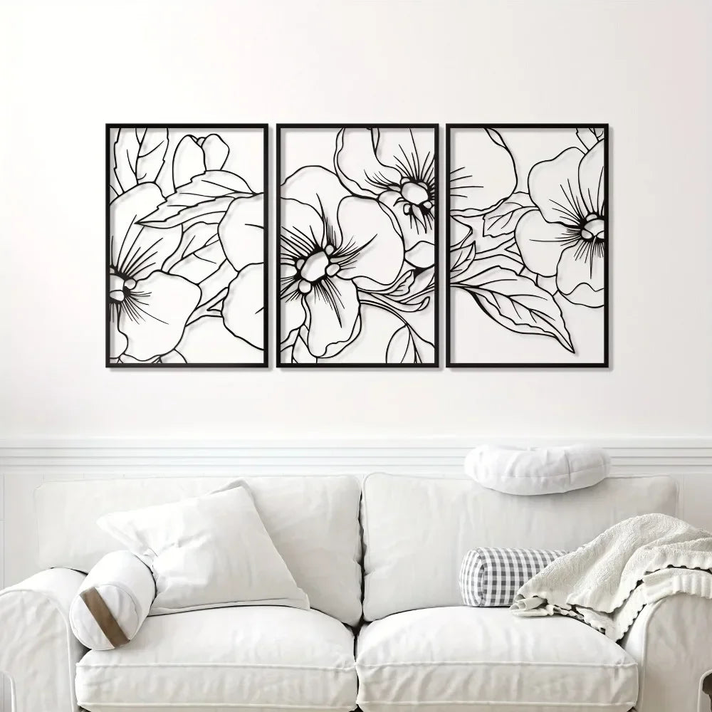 3 packs Minimalist Black Floral Metal Wall Art - Elegant Home Decor Accent,Wall decoration,Wall Sticker,Iron Art,Wall decoration