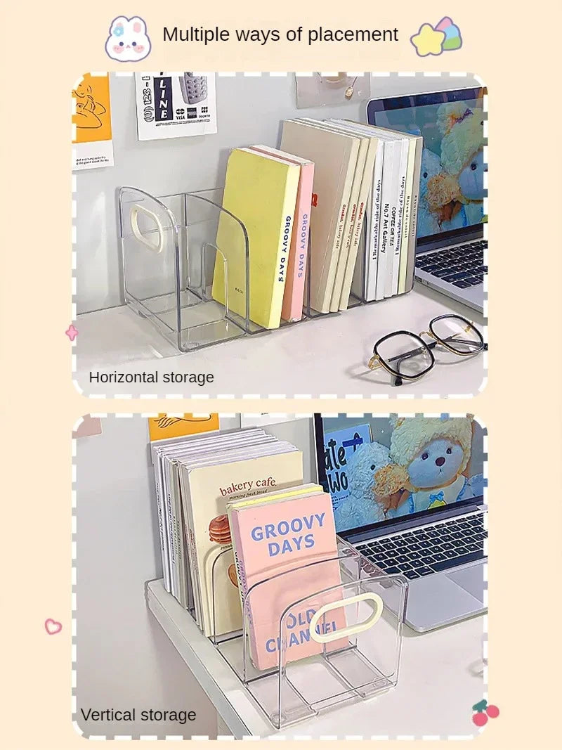 Convenient Clear Acrylic Bookends with Handle Desk Organizer Divided Book Stand Desktop Sorting Rack Study Supplies