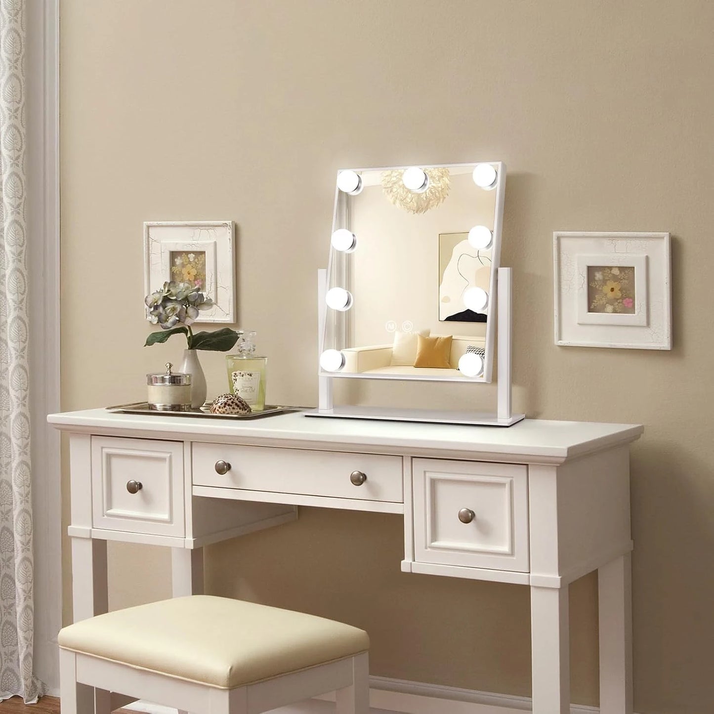 Vanity Makeup Mirror with Lights - 9/12 LED Bulbs, Touch Control, 3 Colors Light, 360° Rotation, Light Up Vanity Mirror