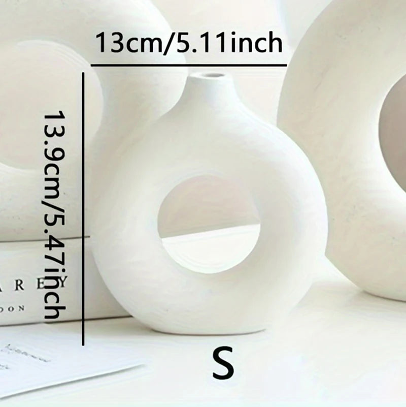 1pc, White/Beige Ceramic Vase  Vases For Decor, Modern Home Decor Vase, Boho Vases For Decor, Circle Vase, Round Vase, Donut Vas