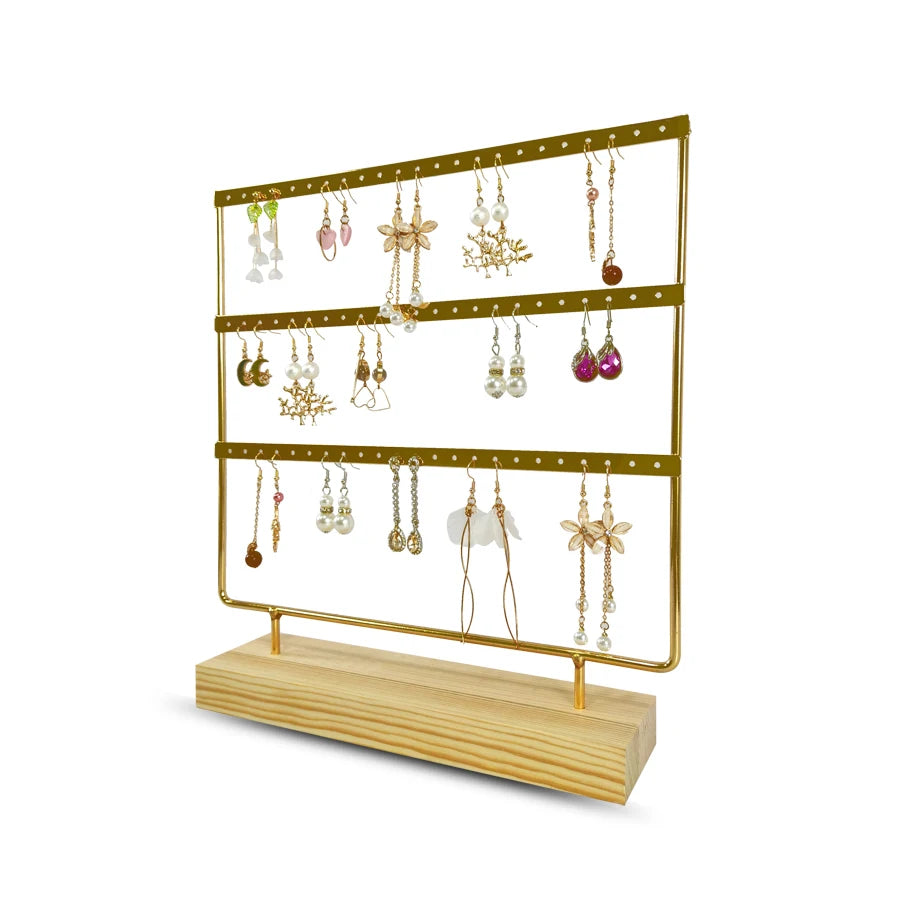 Solid Wood Base Metal Earrings Display Stand 3 Layers 69 Holes Jewelry Rack Earrings Studs Hanging Props Dresser Jewelry Storage