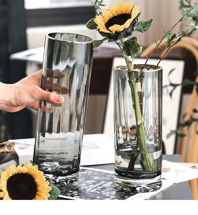 Vase, high-end straight tube, gold-plated glass vase, transparent water cured dried flower arrangement, desktop decoration