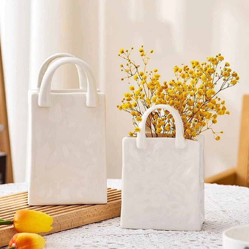 HUA HUA Handbag Shape Vase Modern Decorative White Vase Home Decoration Dried Flower Arrangement Table Decoration