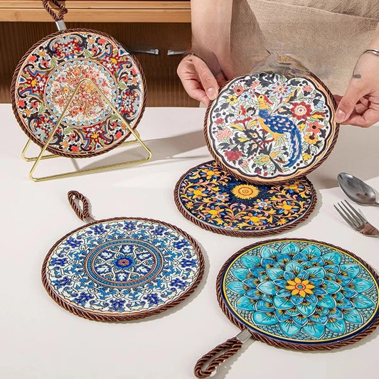 1pcs Ceramic Insulation Pad Ceramic Surface and Cork Bottom Construction with Hanging Rope Suitable for Serving Plates Cups Pans