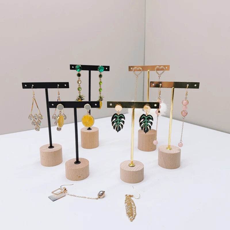 T Bar Earring Display Stand With Wooden Base Jewelry Holders Hanging Jewelry Organizer For Photography Props Iron jewelry rack