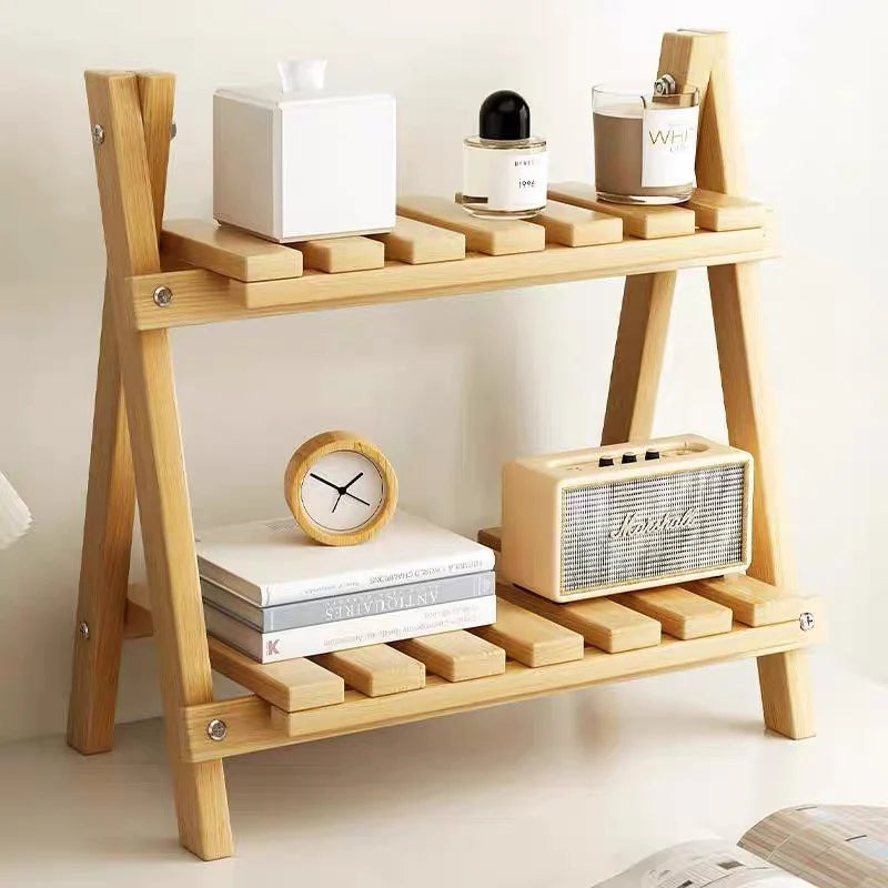 Desktop Storage Wooden Rack Double-Layer Simple Folding Corner Shelf Multifunctional Heavy-Duty Organizer Decoration Bedroom