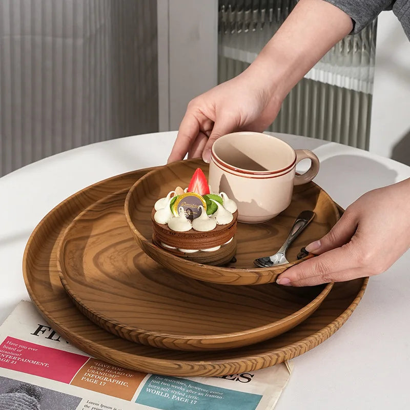 Wood grain tray for breakfast, premium cake, Japanese home coffee, dinner plate, tea tray, ins coffee shop round fruit tray