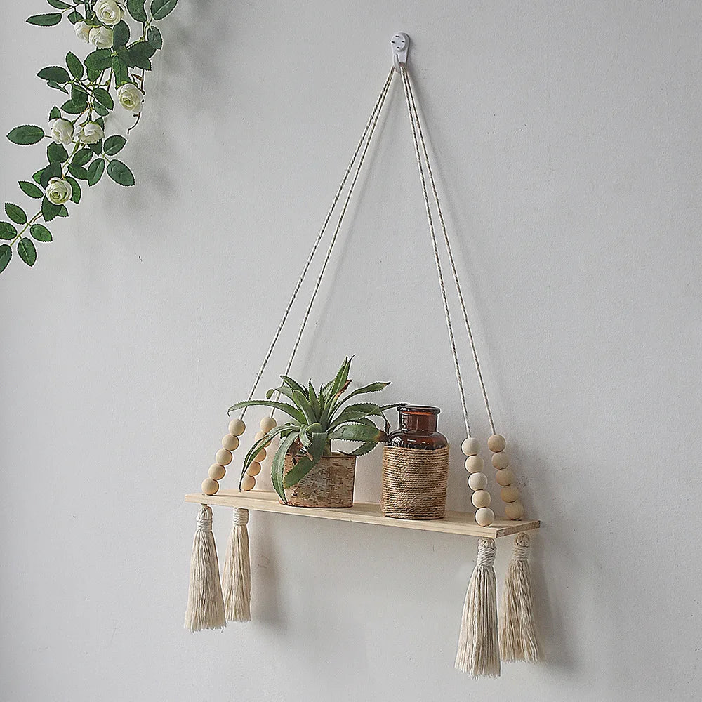Wooden Macrame Wall Hanging Shelves - Boho Floating Shelves Macrame Plant Shelf Rustic Wall Decor for Bedroom Living Room Office