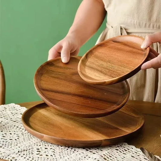 20/25/30cm Acacia Wood Serving Platter Tray Retro Round Pizza Salad Plate Fruit Dessert Tray Wooden Bread Cake Snacks Dishes