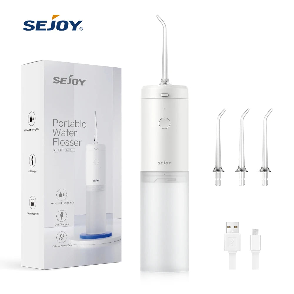 Sejoy Dental Oral Irrigator Portable Water Flosser Thread Teeth Pick Mouth Washing Machine 4 Nozzles 3 Modes USB Rechargeable