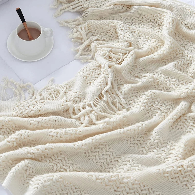 Cream White Textured Knitted Throw Blankets With Tassels Vintage Lightweight Farmhouse Gift Blankets 50x60inch Gift Blankets