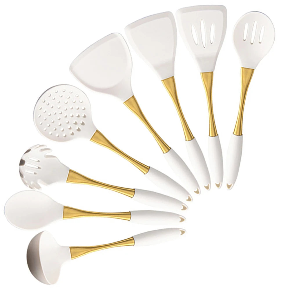 1/8Pcs White Gold Silicone Kitchenware Cooking Utensils Spatula Turner Heat-resistant Pasta Colander Shovel Kitchen Accessories