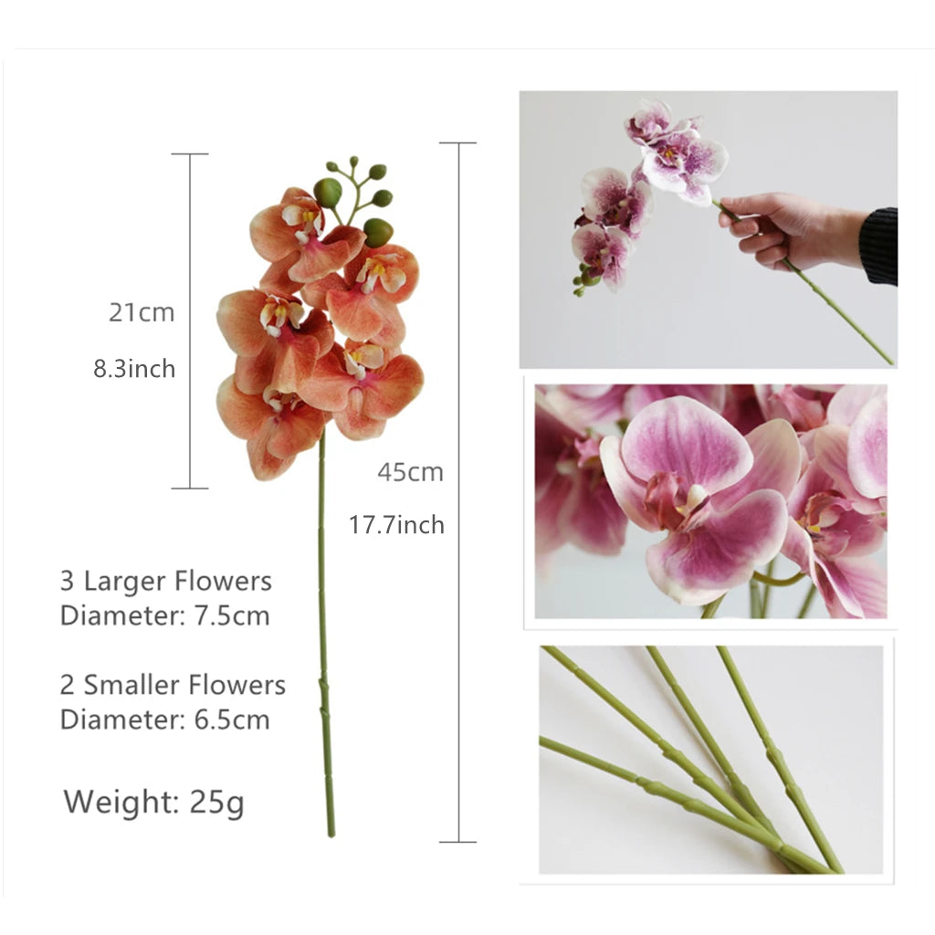Artificial Orchid Flower 45cm/17inch Long Stem Fake Phalaenopsis Orchid with 5 Flowers Faux Flower for Home Office Decor