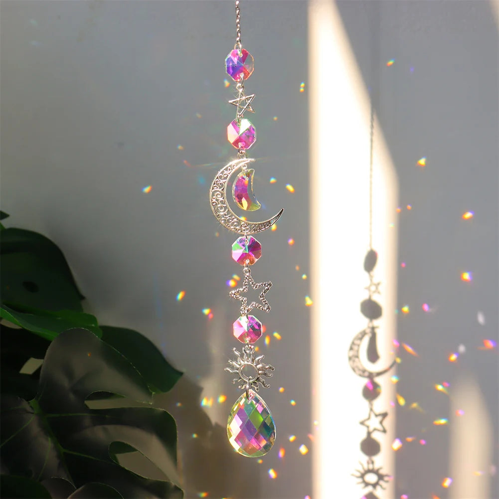 Suncatcher Crystal Wind Chime Star Moon Diamond Hanging Prisms Light Catcher Rainbow Chaser Jewelry Pendant Home Garden Decor