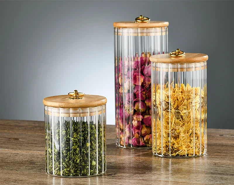 Glass Food Jar with Sealed Bamboo Lid Kitchen Pantry Grains Cookie Coffee Tea Candy Snack Storage Bottle Jars Kitchen Canister